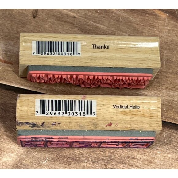 2006 STUDIO G HELLO & THANKS WOOD MOUNTED RUBBER STAMP SET OF 2 BY KOLETTE HALL - Picture 3 of 7